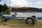 Boats on the trailer in the beautiful beach in the island of Patmos, Greece in summer time