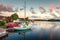 Boats in Trakai lakes in the morning, Lithuania. Scenic landscape on Trakai lake with boat