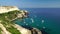 Boats and yachts on azure sea. Aerial view of the mountains and rocky seascape. Untouched nature, clean water. Rocky