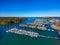 Boats and yachts docked and sailing in the marina on Lake Lanier