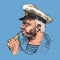 Boatswain with pipe. sea captain, marine old sailor or bluejacket, whistle and seaman with beard or men seafarer. travel