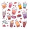 Boba drink doodle hand drawn vector icons for boba shop wallpaper