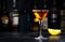 Bobby Burns alcoholic cocktail drink with scotch whiskey, vermouth and liquor in martini glass, dark bar counter background