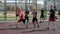 Bobruisk, Belarus - 12 August 2019: Slow motion. Close view. Handsome basketball player catching a ball, throwing it