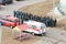 BOBRUISK, BELARUS 27.02.19: Ambulance and fire truck in the background firefighters built in a line, exercises