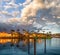 Boca Raton buildings along Lake Boca Raton at sunset, Florida