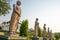 BODHGAYA, INDIA - MAY 26, 2017: Statues of the first disciples of the Buddha