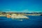 Bodo, Norway - April 09, 2018: Outdoor view of landscape of a lighthouse at Bodo`s coast and some buildings, with a