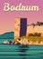 Bodrum Castle retro poster, Turkey resort. Vintage touristic postcard, placard, vector
