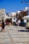 Bodrum, Turkey - August, 2020: View of white street and flowers in Bodrum city of Turkey. Aegean style colorful street