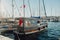 Bodrum. Turkey CIRCA 2022. Marina for yachts and ships with boats in Bodrum in the rays of an elephant sunset. Ideas for