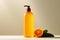Body care concept: a mockup shower gel bottle with orange, minimalist style