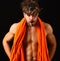 Body care. Macho attractive nude guy black background. Man bearded tousled hair covered with foam or soap suds. Wash off