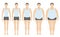 Body mass index vector illustration from underweight to extremely obese in flat style. Man with different obesity degrees.