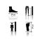 Body measurements drop shadow black glyph icons set. Inside leg, foot length and human height determination. Bespoke