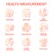 Body measuring tools concept icons set. Weight, height check idea thin line illustrations. Monitoring cardiological