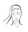 Body part pain. Man feels pain in head marked with red lines. Headache. Vector foci of pain or trauma symbols, grey art