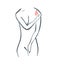 Body part pain. Woman feels pain in shoulder marked with red lines. Vector foci of pain or trauma symbols, grey art line