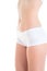 Body part white fitness underwear. Slim tanned woman`s body. Iso