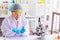 Body past scientist working in laboratory.Chemical scientist show white medicine
