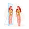 Body positive concept. Plus size Young Woman in home suit looking in mirror with smile. Happy curve girl in lingerie. Vector