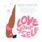 Body positive woman do tree pose. Vector Illustration with curvy woman do YOGA and lettering phrase LOVE YOURSELF. PLUS