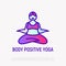 Body positive yoga thin line icon: happy plus size woman in lotus pose. Modern vector illustration