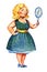 Body posotive watercolor hand drawn illustration of blonde woman with mirror in vintage blue dress