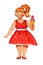 Body postive watercolor hand drawn illustration of woman in retro red dress and ice cream