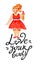 Body postive watercolor hand drawn illustration of woman in retro red dress and ice cream with love your body lettering