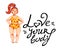 Body postive watercolor hand drawn illustration of woman in yellow swimsuit with love your body lettering