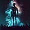body silhouette with space and galaxy background, milky way, spiritual life and belief, Made by AI, Artificial intelligence
