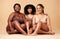 Body, skin and portrait of diversity women group together for inclusion, beauty and power. Aesthetic model friends on