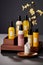 Body skincare set with minimal background and shadow. Different cosmetics products have subtle color variations. Yellow