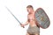 Bodybuilder man posing with a sword and shield isolated on white background. Serious shirtless man demonstrating his