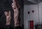 Bodybuilder posing, mirror image, dark indoors gym