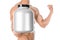 Bodybuilding and Sports theme: handsome strong bodybuilder holding a plastic jar with a dry protein and showing gesture isolated o