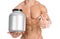 Bodybuilding and Sports theme: handsome strong bodybuilder holding a plastic jar with a dry protein and showing gesture isolated o