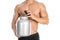 Bodybuilding and Sports theme: handsome strong bodybuilder holding a plastic jar with a dry protein and showing gesture isolated o