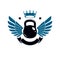 Bodybuilding weightlifting gym logotype sport, retro style vector emblem with wings. With kettlebell