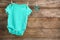 Bodysuit and pacifier on laundry line against wooden background, space for text