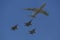 Boeing 707 refueling tanker in formation with F-15I all-weather multi role strike fighter during Israel`s Annual Independence Day