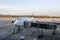 Boeing 747 of Lufthansa parked on passenger boarding bridge