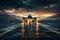 Boeing airplane landing at an airport at sunset.