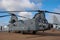 A Boeing CH-47 Chinook twin rotor heavy lift helicopter