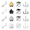 Boer fisherman, fire, fishing chair, double hook. Fishing set collection icons in cartoon black monochrome outline style