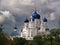 Bogolyubsky monastery. Blue domes of the temple. Russia. Stormy sky, clouds