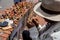 Bogota, Colombia - July 2nd 2023. Senior artisans selling pretty handmade birds made from seeds on the streets of downtown Bogota