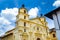 BOGOTA, COLOMBIA OCTOBER 22, 2017: Beautiful outdoor view of a yellow building in la Candelaria, historic neighborhood