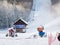 Boguszow-Gorce, Poland, December 22, 2021: Dzikowiec Mountain. Snow making up the ski slope. Snow cannons that produce snow